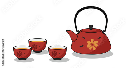 Delightful Tea Time A Red Teapot Set with Floral Accents and Three Matching Cups