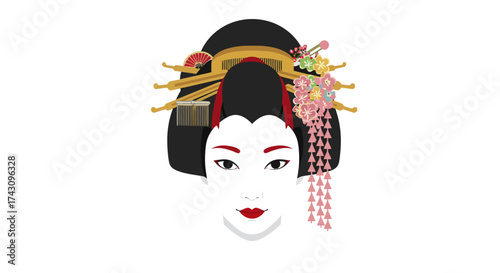 Geisha Portrait Illustration Traditional Japanese Beauty Icon with Delicate Makeup