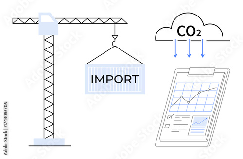 Crane lifting import container, CO2 emissions cloud indicating environmental impact, and clipboard with chart. Ideal for trade, logistics, sustainability, economy, shipping, emissions analysis