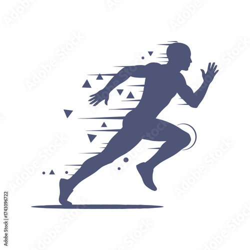 Silhouette of a runner in motion conveying speed and athleticism with dynamic lines and geometric shapes.