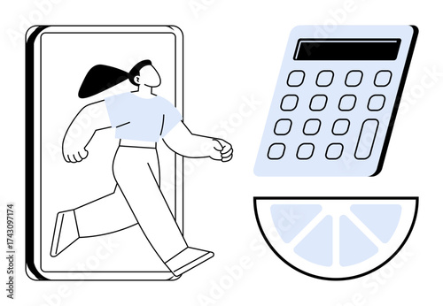 Person walking out of smartphone with calculator and citrus slice, blending technology, work-life balance, health, and financial management. Ideal for business, wellness, technology, productivity