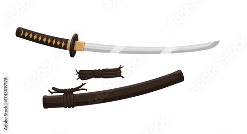 Katana Sword with Sheath Illustration Sharp Blade, Traditional Hilt and Decorative Cord