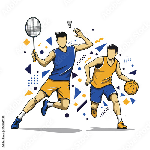Vector illustration of two male athletes playing badminton and basketball.