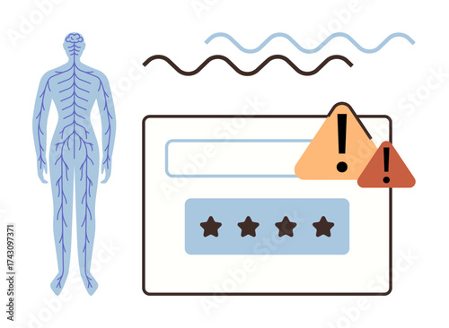Human nervous system visualization next to login screen with stars and alert icons. Ideal for cybersecurity, health-tech, warnings, risk management, login safety, human-machine interaction, simple