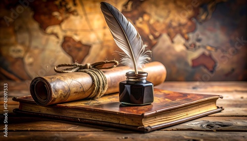 Quill pen and scroll on old book with map