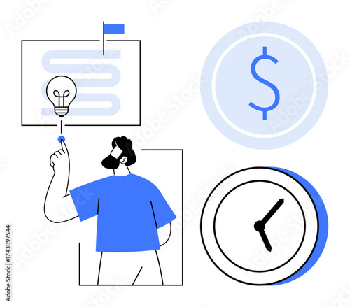 Man pointing at lightbulb on strategy board, dollar icon for financial focus, clock for time management. Ideal for innovation, productivity, strategy, success, planning, goal setting leadership