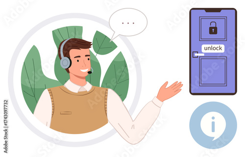 Smiling customer representative wearing a headset, gesturing toward a locked door with unlock sign. Ideal for support, security, communication, guidance, access, help and solutions concepts. A