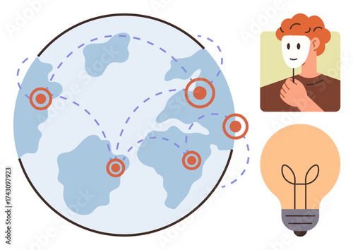 Earth with connected locations, person holding a mask representing identity, lightbulb representing innovation. Ideal for global networking, creativity, communication, identity, collaboration