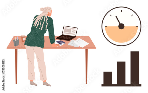 Woman leaning over desk with laptop and documents, surrounded by performance chart and speedometer. Ideal for productivity, planning, business strategy, analysis, time management, research, success