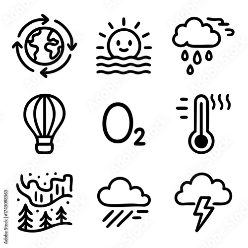 A set of doodle line icons depicting weather changes, climate elements, atmosphere, natural conditions, and environmental factors