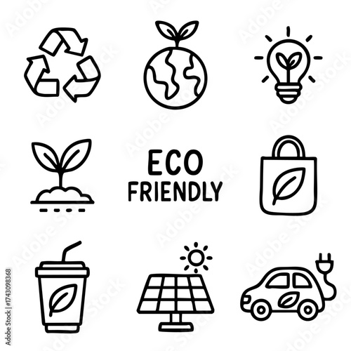 A set of doodle line icons focused on eco-friendly living, sustainability, green energy, recycling, and environmental responsibility
