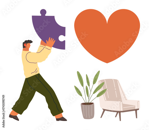 Man holding purple puzzle piece toward large orange heart, flanked by a modern chair and potted plant. Ideal for teamwork, relationships, self-care, problem-solving, relaxation, growth, connection