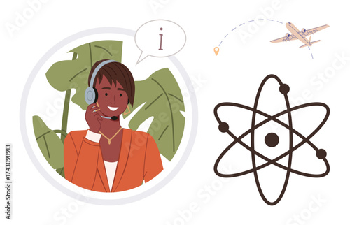 Female support agent answering queries, airplane moving on a path illustration, and atom model concept. Ideal for customer service, travel, technology, science, education, global connectivity