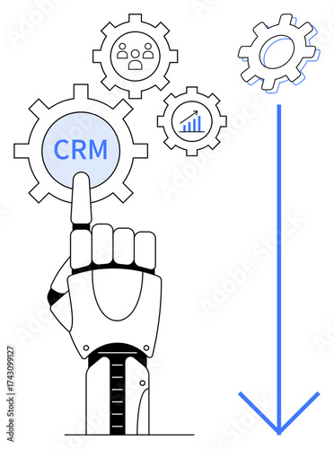 Robotic hand interacting with CRM gear surrounded by gears for analytics, operations, teamwork, and automation. Ideal for business, automation, AI, CRM, innovation teamwork data handling simple
