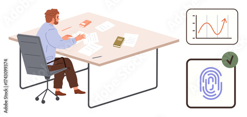 Man seated at desk examining papers, laptop, and books. Nearby, a growth chart and fingerprint verification. Ideal for business strategy, analysis, technology, security authentication growth