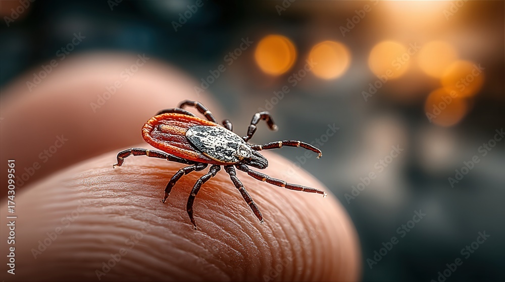 Obraz premium Close-up realistic photo of a tick on human skin in natural daylight showing medical risk of bite with sharp photorealistic detail.