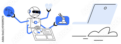 Robot juggling scales of justice, a robotic arm, a heart icon, and digital interface near a laptop and cloud. Ideal for AI, automation, robotics, legal tech, healthcare cloud future work