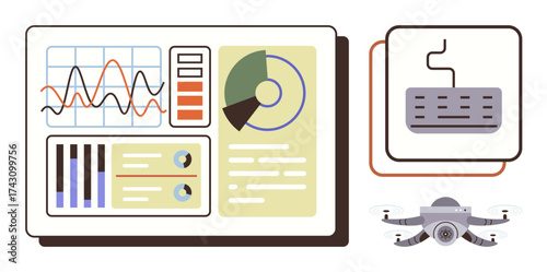 Analytical dashboard with charts, graphs, keyboard, and quadcopter illustration. Ideal for technology, data analysis, automation, monitoring, productivity innovation and research in a simple flat