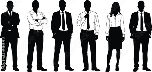 Business team silhouette, corporate professionals standing, formal attire group, leadership concept, teamwork illustration, white background, office identity, career unity