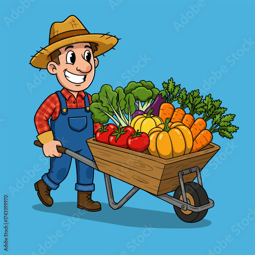 Smiling farmer in plaid shirt pushes wheelbarrow full of colorful vegetables, on blue background.