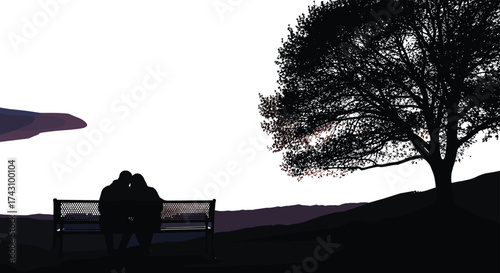 Couple silhouette on bench, peaceful nature moment, large tree shadow, scenic hills, tranquil sunset sky, emotional embrace, romantic outdoor scene