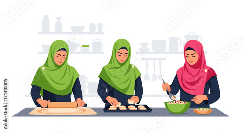Women Preparing Traditional Dishes in a Kitchen, Illustration, Home Environment, Close-up View of Culinary Skills