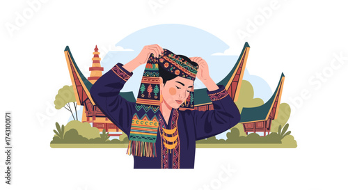 Cultural Celebration, Young Woman, Traditional Village, Illustration, Scenic Landscape, Portrait View, Heritage and Identity