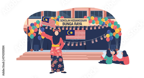 Cultural Celebration, Malaysian Independence Day, School Event, Illustration, Festive Environment, Community Viewpoint, National Pride Concept