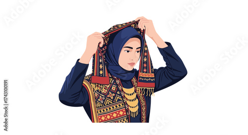 Woman Wearing Traditional Attire in a Vibrant Setting, Illustration, Artistic Environment