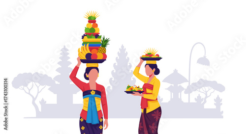 Women Carrying Fruit Offerings in Bali, Indonesia - Illustration of Tradition and Community Spirit