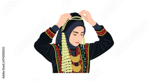 Woman Adorning Traditional Attire in Vibrant Festival Setting, Illustration, Artistic Environment