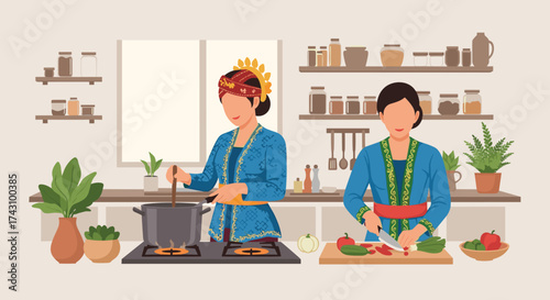 Women Preparing Traditional Food in a Cozy Kitchen Setting with Fresh Ingredients and Culinary Tools