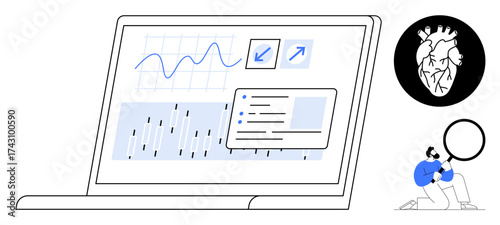 Laptop displaying graphs, charts with growth data, heart anatomical icon, researcher with magnifying glass analyzing insights. Ideal for healthcare, science, research, data, medicine growth simple