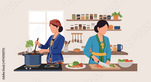 Two Women Cooking Together in a Kitchen, Food Preparation, Cozy Environment