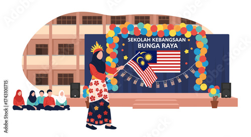 Cultural Celebration, Malaysian Student, School Stage, Illustration, Festive Environment, Side View, National Pride Event
