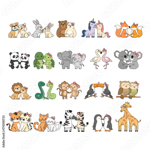 Colorful set of Cute Animal Couple featuring Bear, Cat, Dog, Elephant, Flamingo, Fox, Giraffe, Koala, Lion, Monkey, Owl, Panda, Penguin, Rabbit, Snake, Tiger  in fun cartoon style on white background