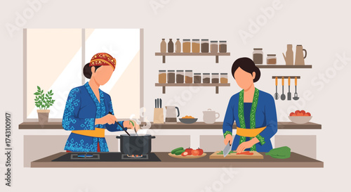 Two Women Preparing Traditional Meals in a Cozy Kitchen Environment with Fresh Ingredients and Culinary Tools