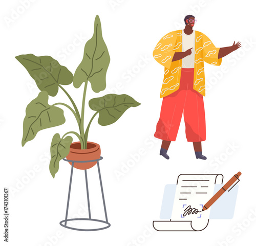 Large green potted plant with stand, person gesturing during presentation, and signature on a document. Ideal for communication, creativity, growth, education, business, agreements simple flat