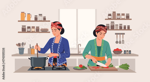 Women Preparing Healthy Meals in a Modern Kitchen, Illustration, Home Environment, Creative Concept