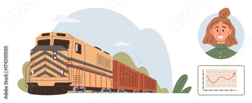 Freight train moving through nature, womans portrait, upward graph symbolizing growth. Ideal for transportation, logistics, commerce, success, professionalism teamwork market trends. Simple flat