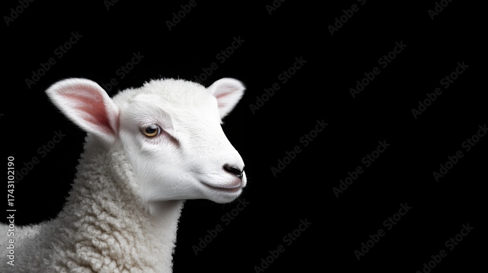 Obraz premium Beautiful white sheep isolated against a black background, soft fur and expressive eyes highlighted by subtle light