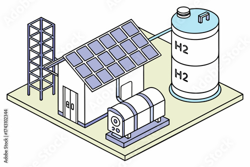 Hydrogen power plant diagram showing green energy ecology system in flat simple layout.