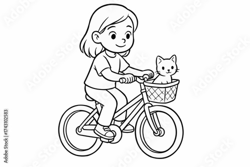 Coloring book for kids - Young girl riding bicycle with cat in basket on sunny day  