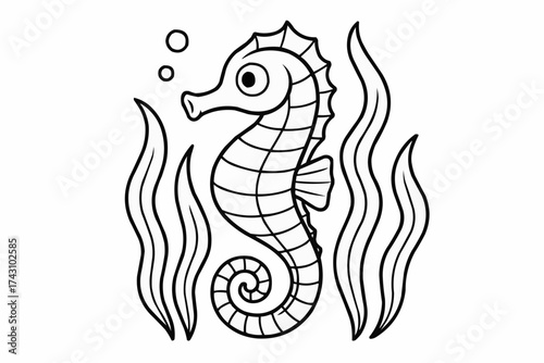 Coloring book for kids - Hand-drawn seahorse swimming among seaweed in the ocean  