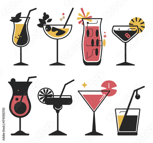 A vibrant collection of modern cocktail illustrations featuring diverse alcoholic beverages in stylish glasses, perfect for bar menus, party invitations, or refreshing design projects