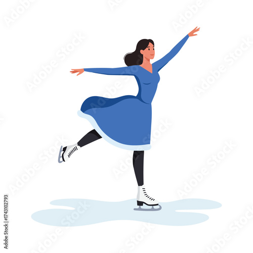 A graceful figure skater in a blue dress performs a spin on the ice, arms outstretched.