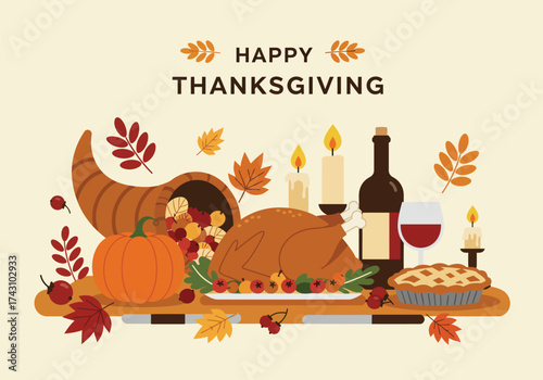 Happy Thanksgiving feast with roasted turkey, pumpkin pie, wine, cornucopia, and autumn leaves on a table.