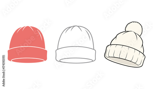 A set of three knitted winter hats in coral grey and cream with pompom beanie warm