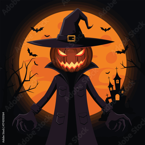 A spooky Halloween pumpkin monster wearing a witch hat and a long coat, standing in front of a full moon with bats flying around a haunted house.