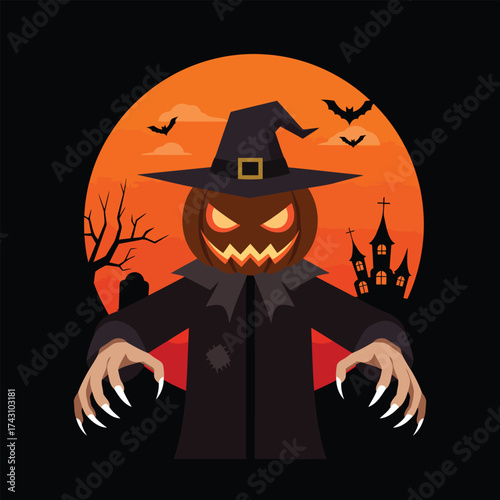 Spooky Halloween illustration featuring a pumpkin-headed character with sharp claws, a witch hat, and a cloak, set against an orange full moon, bats, and a haunted castle.